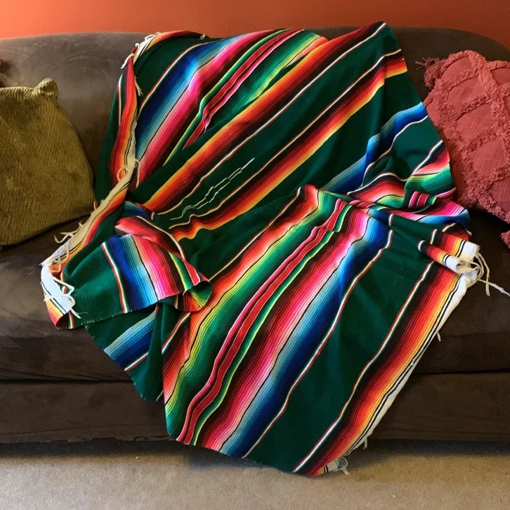 Vintage colorful cotton Mexican serape sarape salti fringed blanket - Picture 10 of 15